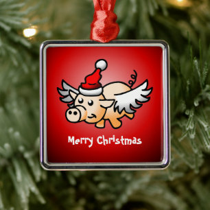 Flying Pig Christmas Metal Ornament