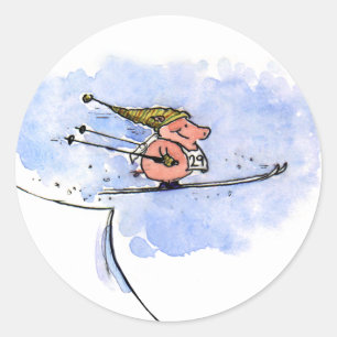 Flying Pig - Cool Ski Jumping Pig Athlete Classic Round Sticker