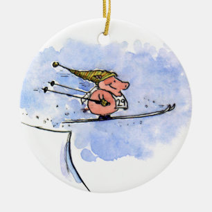 Flying Pig - Cool Ski Jumping Pig Holiday Ceramic Ornament