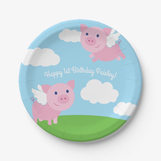 Flying Pig Cute 1st Birthday Party Decor Paper Plate (Front)