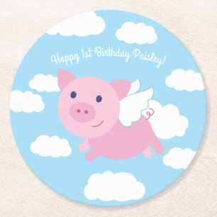 Flying Pig Cute Kid's Birthday Party Round Paper Coaster