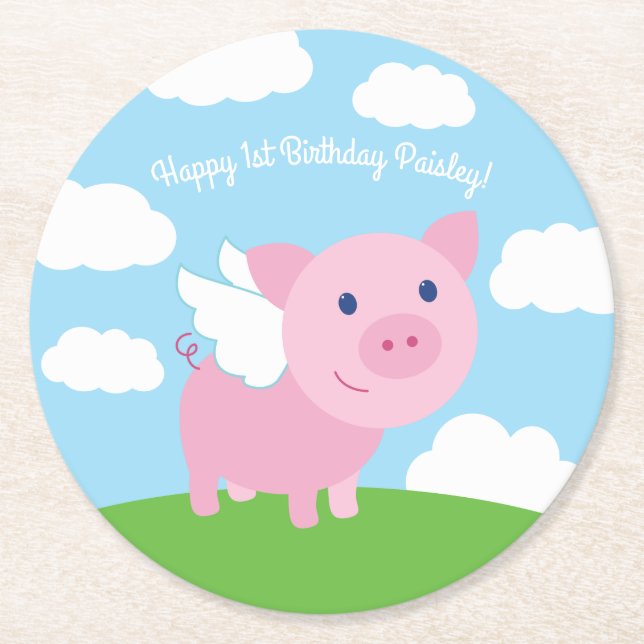 Flying Pig Cute Kid's Birthday Party Round Paper Coaster (Front)