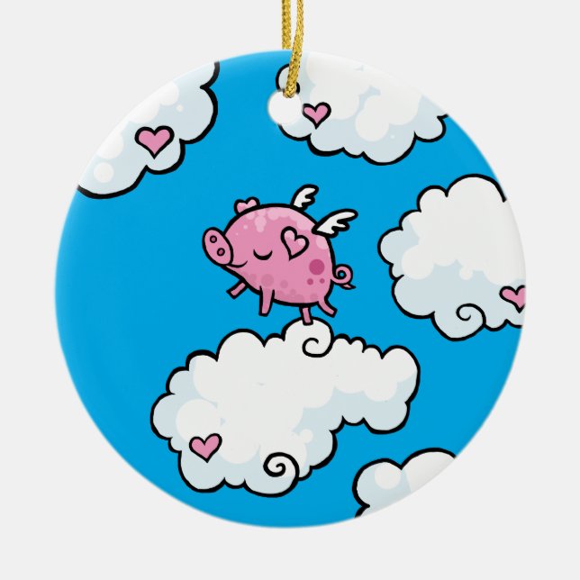 Flying pig dances on clouds ceramic ornament (Front)