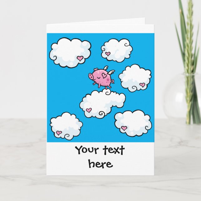 Flying pig dances on clouds customisable card (Front)