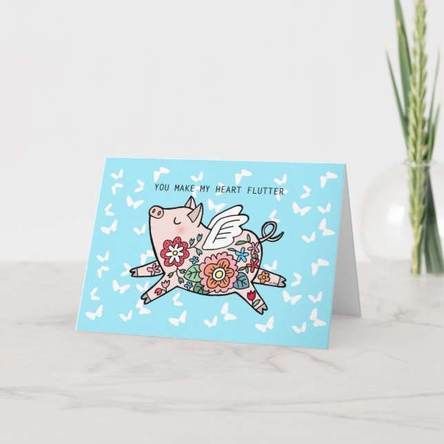 Flying Pig I love you Cute pig Valentines day Card (Front)