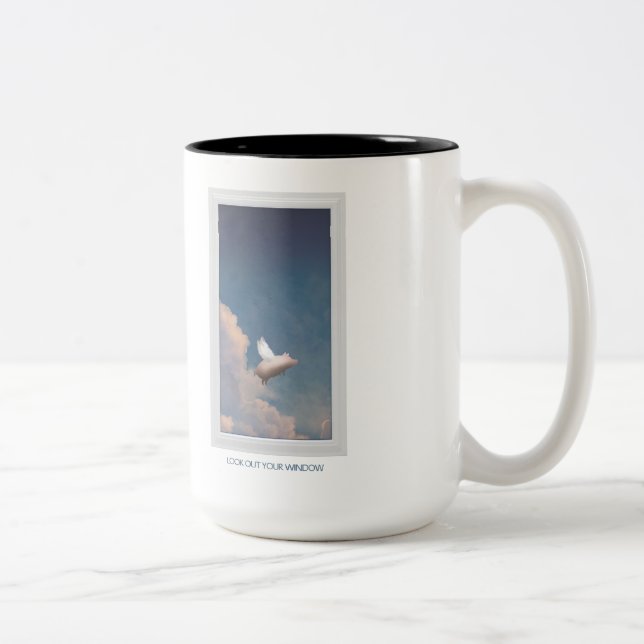 flying pig in window Two-Tone coffee mug (Right)