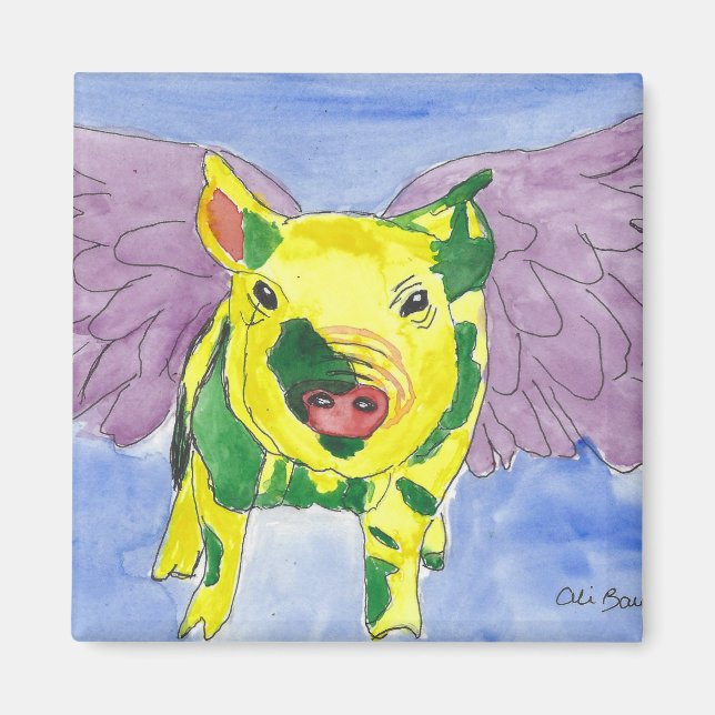Flying Pig Named Ozzy the Pigasus Watercolor Paint Magnet (Front)
