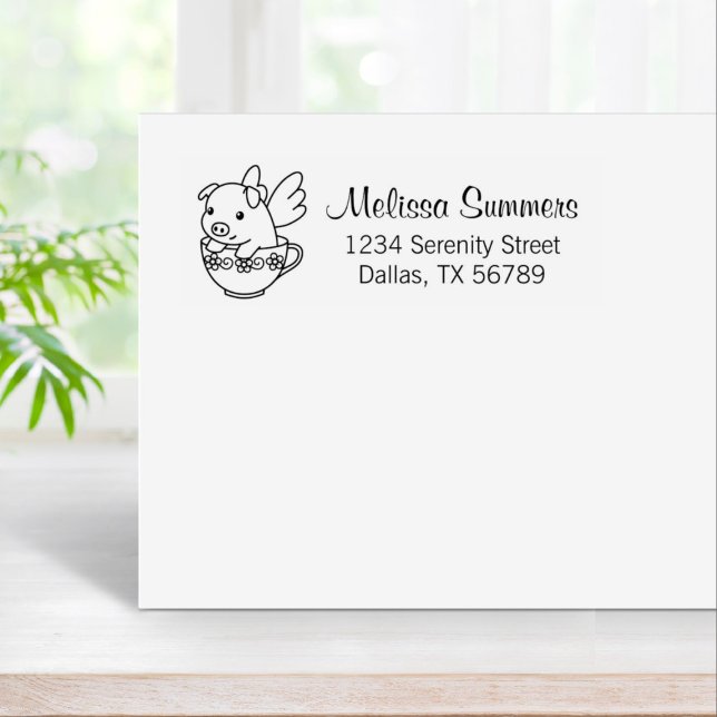 Flying Pig - Piglet with Wings in a Teacup Address Rubber Stamp (Creator Uploaded)