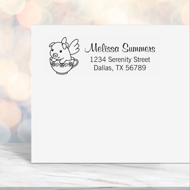 Flying Pig - Piglet with Wings in a Teacup Address Self-inking Stamp (Creator Uploaded)