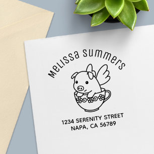 Flying Pig - Piglet with Wings in a Teacup Arch Self-inking Stamp