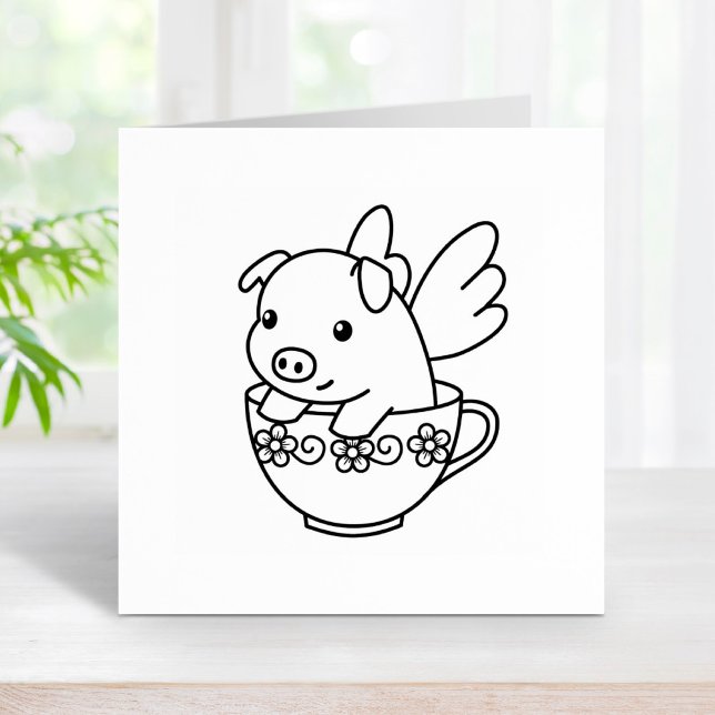 Flying Pig - Piglet with Wings in a Teacup Rubber Stamp (Creator Uploaded)