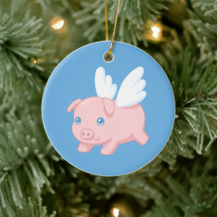 Flying Pig - Piglet with Wings on Blue Ceramic Ornament