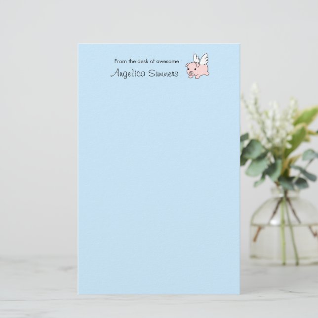 Flying Pig - Piglet with Wings on Blue Stationery (Standing Front)