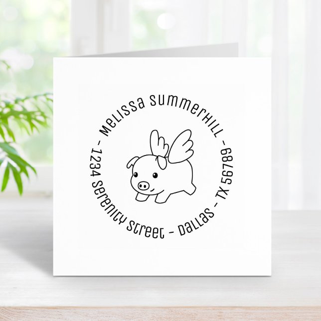 Flying Pig, Piglet with Wings Round Address 4 Rubber Stamp (Creator Uploaded)