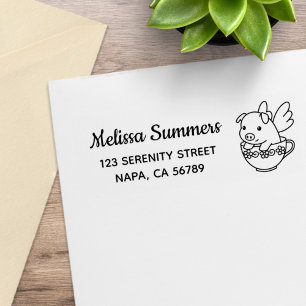 Flying Pig Piglet with Wings Teacup Return Address Rubber Stamp