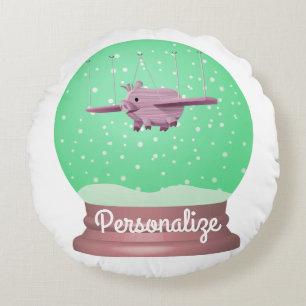 Flying pig snow globe round pillow