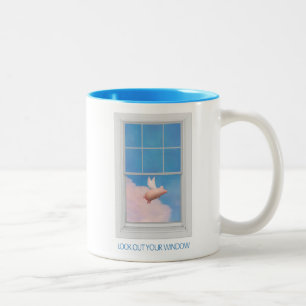 flying pig through window Two-Tone coffee mug