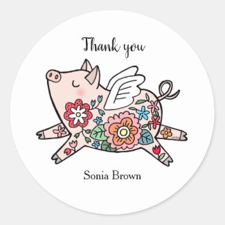 Flying Pig with Floral pattern Cute pig custom Classic Round Sticker