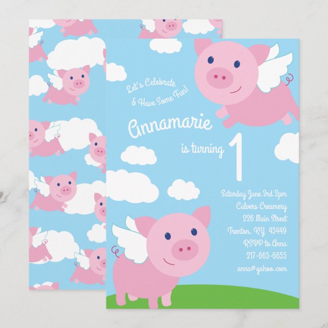 Flying Pigs 1st Birthday Cute Invitations (Front/Back)
