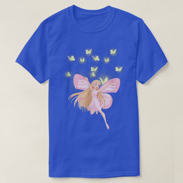 Flying pink fairy and yellow butterflies  T-Shirt (Design Front)