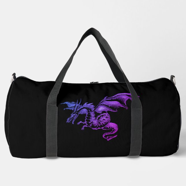 Flying Purple Dragon Against Black Duffle Bag (Front)