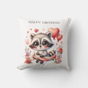 Flying Raccoon Birthday Throw Pillow