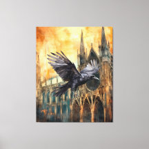 Flying Raven and Medieval Gothic Cathedral