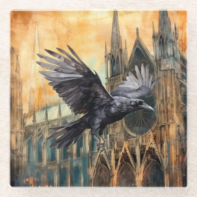 Flying Raven and Medieval Gothic Cathedral Glass Coaster (Front)