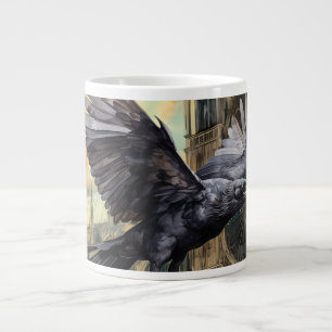 Flying Raven and Medieval Gothic Cathedral Large Coffee Mug