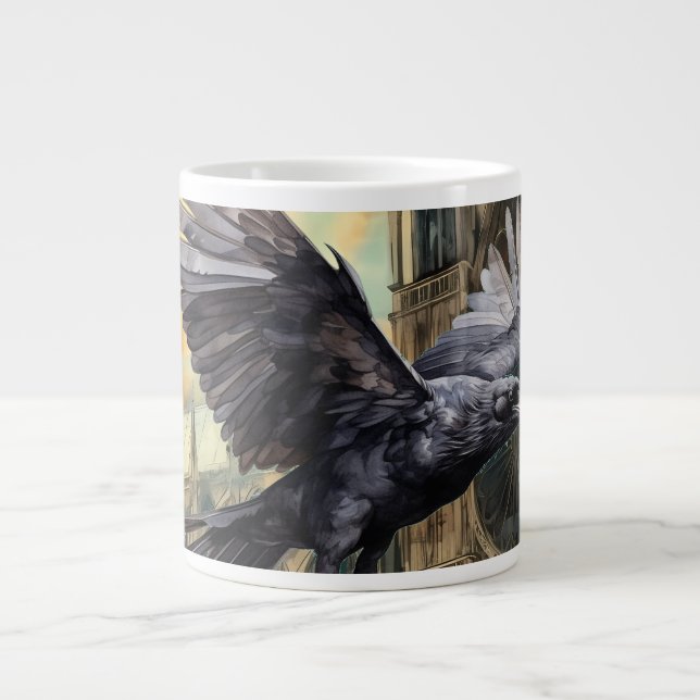 Flying Raven and Medieval Gothic Cathedral Large Coffee Mug (Front)