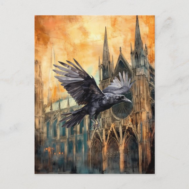 Flying Raven and Medieval Gothic Cathedral Postcard (Front)