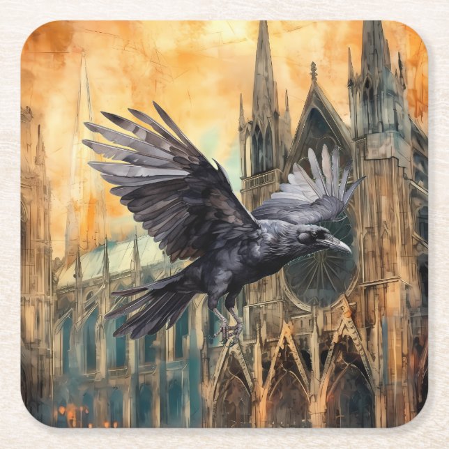 Flying Raven and Medieval Gothic Cathedral Square Paper Coaster (Front)