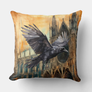 Flying Raven and Medieval Gothic Cathedral Throw Pillow