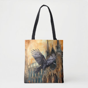 Flying Raven and Medieval Gothic Cathedral Tote Bag