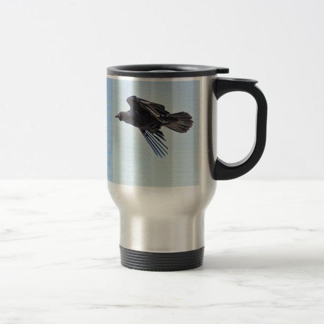 Flying Raven in Blue Sky HDR Photo Design Travel Mug (Right)