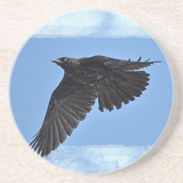 Flying Raven Modern Art in Blue Coaster (Front)