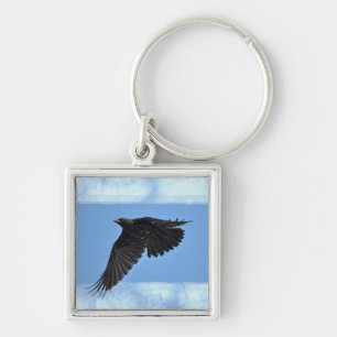 Flying Raven Modern Art in Blue Keychain