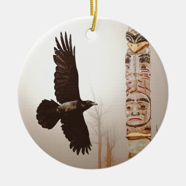 Flying Raven & Totem-Pole Fantasy Art Ceramic Ornament (Front)
