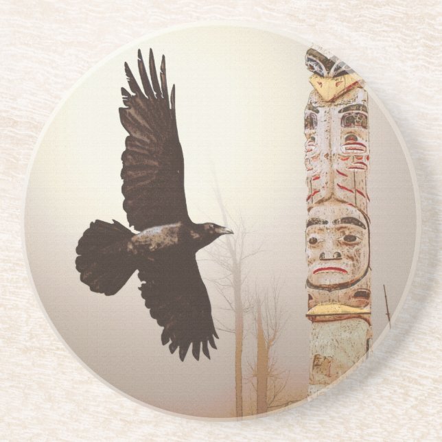 Flying Raven & Totem-Pole Fantasy Art Coaster (Front)
