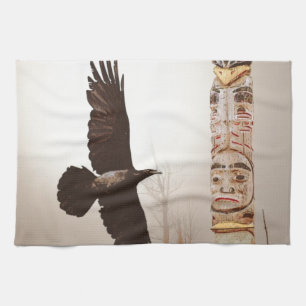 Flying Raven & Totem-Pole Fantasy Art Kitchen Towel