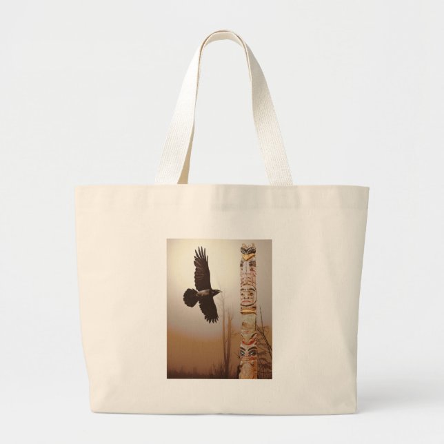 Flying Raven & Totem-Pole Fantasy Art Large Tote Bag (Front)