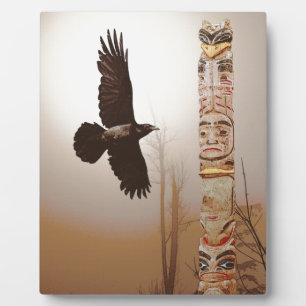 Flying Raven & Totem-Pole Fantasy Art Plaque