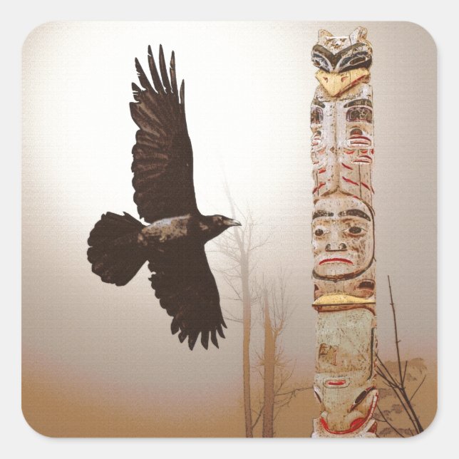 Flying Raven & Totem-Pole Fantasy Art Square Sticker (Front)