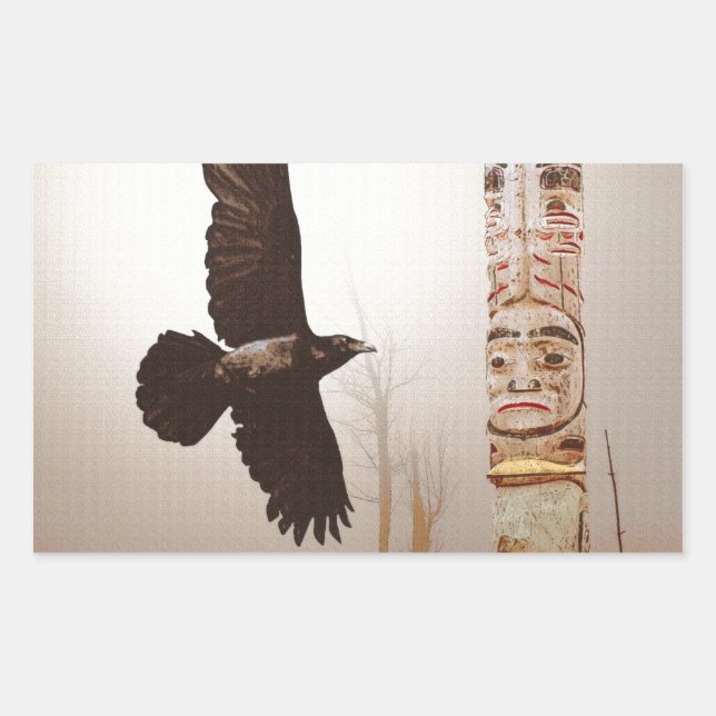 Flying Raven & Totem-Pole Fantasy Art Sticker (Front)