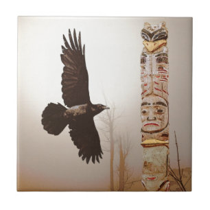 Flying Raven & Totem-Pole Fantasy Art Tile