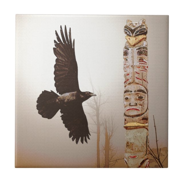 Flying Raven & Totem-Pole Fantasy Art Tile (Front)