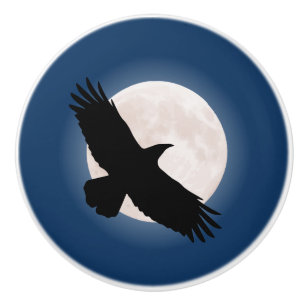 Flying raven with the moon behind it ceramic knob