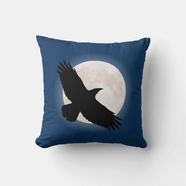 Flying raven with the moon behind it throw pillow (Front)
