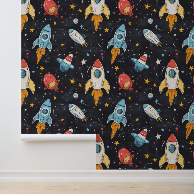 Flying Rocket Astronautical Spaceships Vintage Wallpaper (Application)