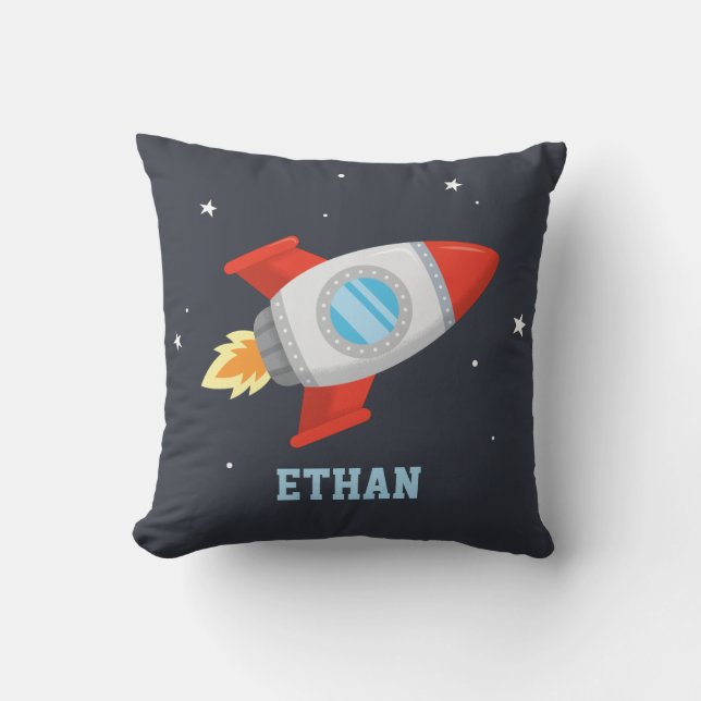Flying Rocket In Outer Space, Kids Personalized Throw Pillow (Front)